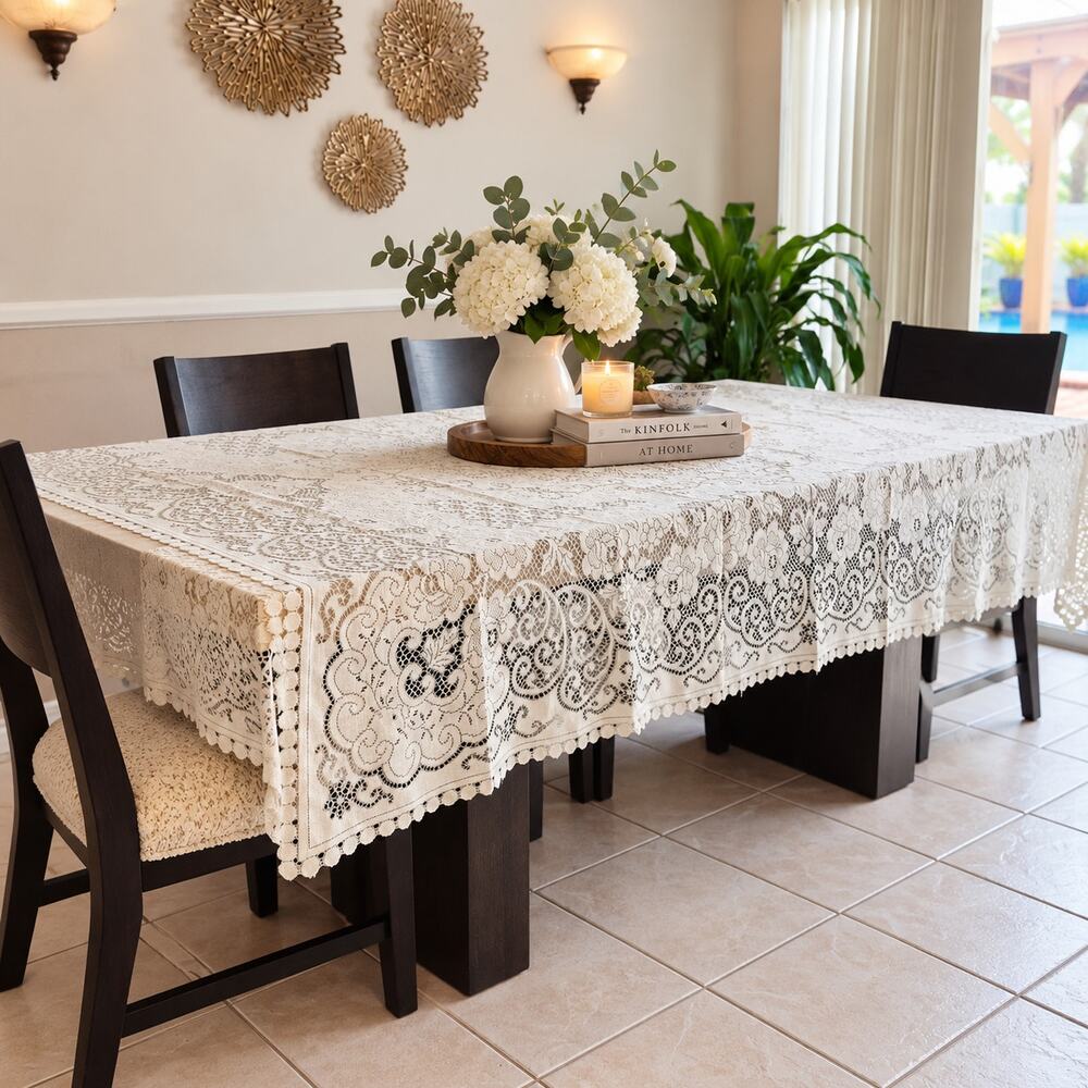 Large Ivory Lace Tablecloth 66x84 Floral Openwork Scalloped Edge Elegant Dining